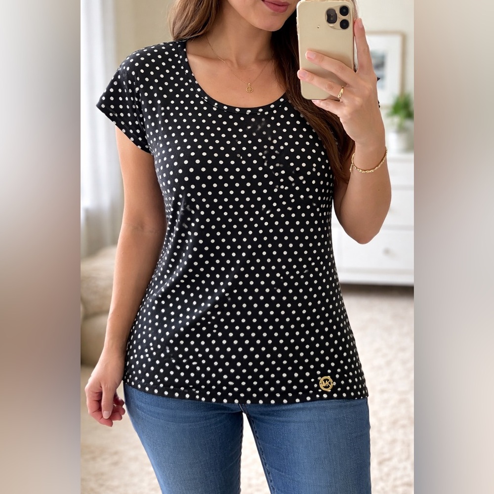 Michael Kors Black & White Polka Dot Tee – Size M